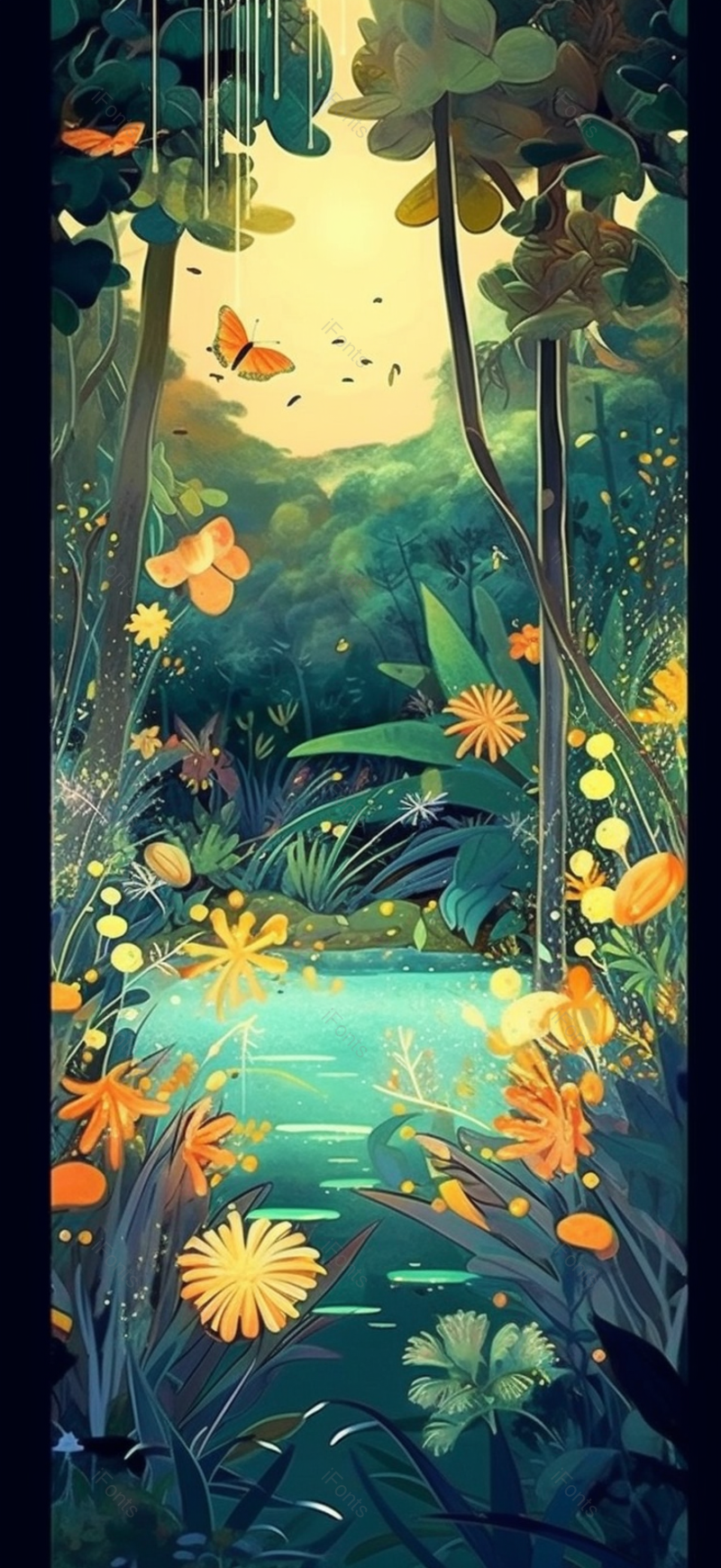 夏天夜晚蝴蝶森林树植物河流倒影静谧唯美插画,插画/手绘图,插画/手绘图库,插画/手绘图下载,插画/手绘